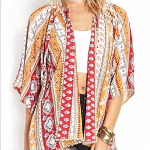 FOREVER 21 Boho Flowy Kimono Style Top Size L Loose Cover Up Floral Stripe Print - Picture 2 of 11